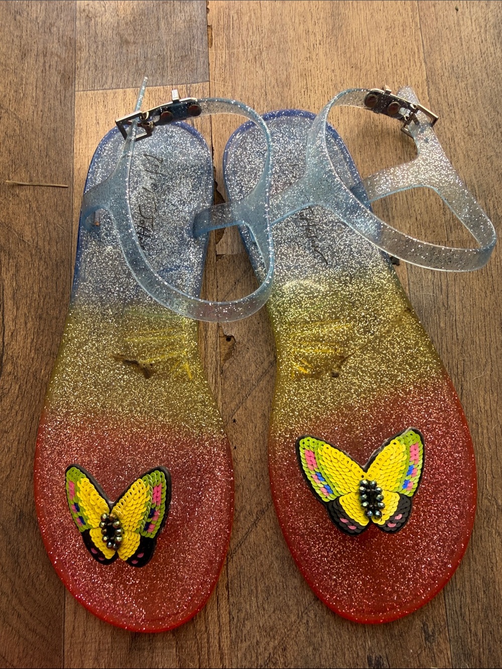 Betsey Johnson Glitter Ombre Butterfly Jelly Sandals - Red/Yellow/Blue